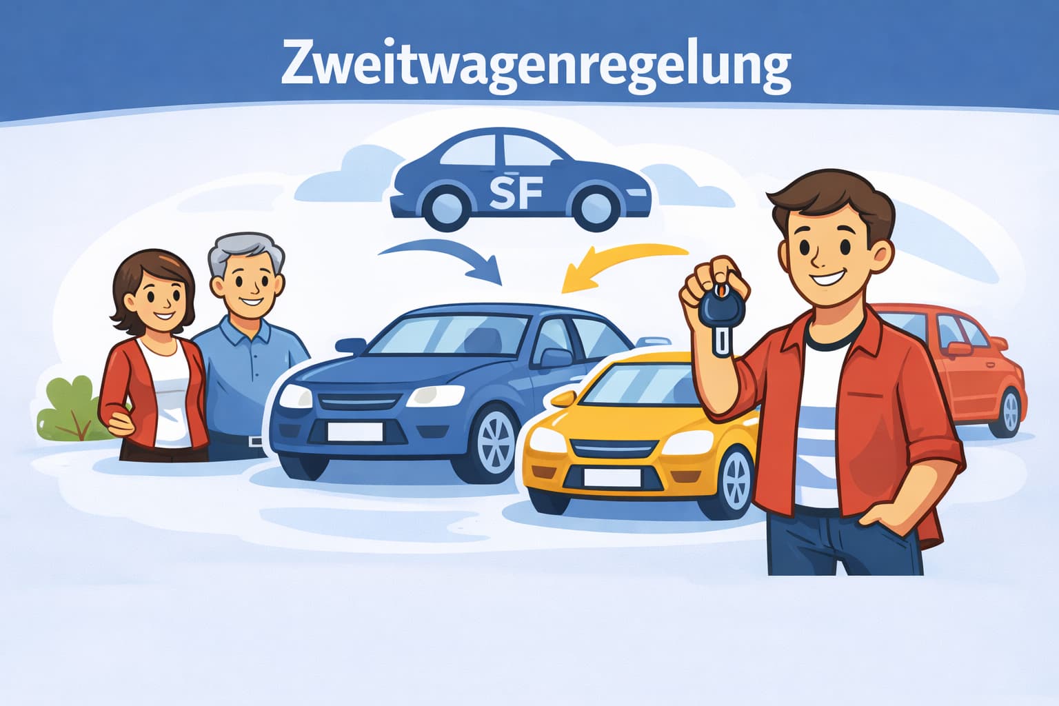 Vektorgrafik zur Zweitwagenregelung: Fahranfänger erhält ein Auto als Zweitwagen und profitiert von einer besseren SF-Einstufung.