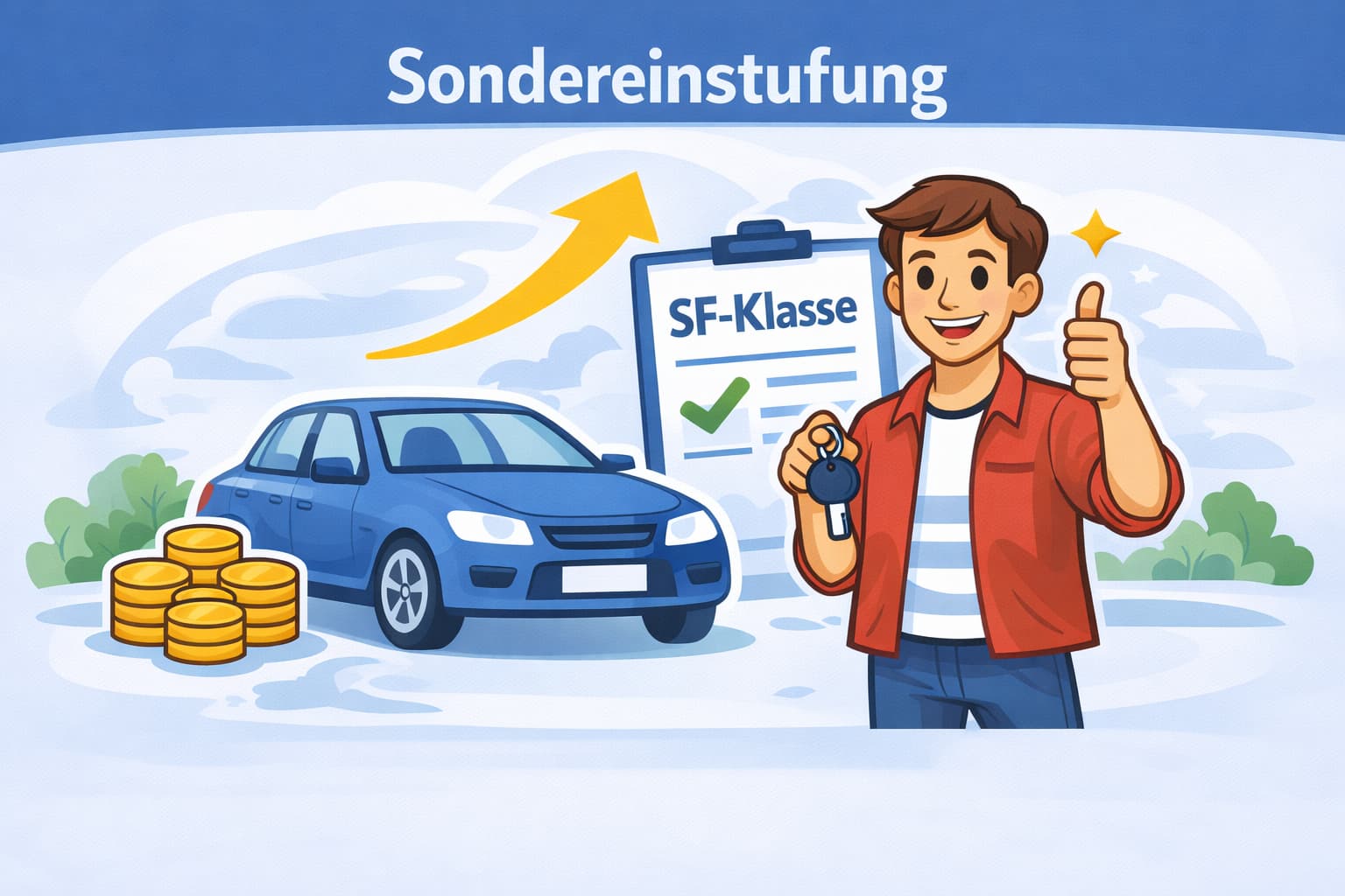 Vektorgrafik zeigt die Sondereinstufung für Fahranfänger: eigene Kfz-Versicherung, eigener SF-Aufbau und langfristige Ersparnis.