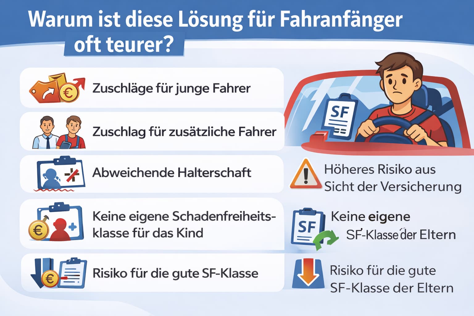 Vektorgrafik erklärt, warum das Auto über die Eltern für Fahranfänger oft teurer ist – mit Zuschlägen, Risiko und fehlender Schadenfreiheitsklasse.