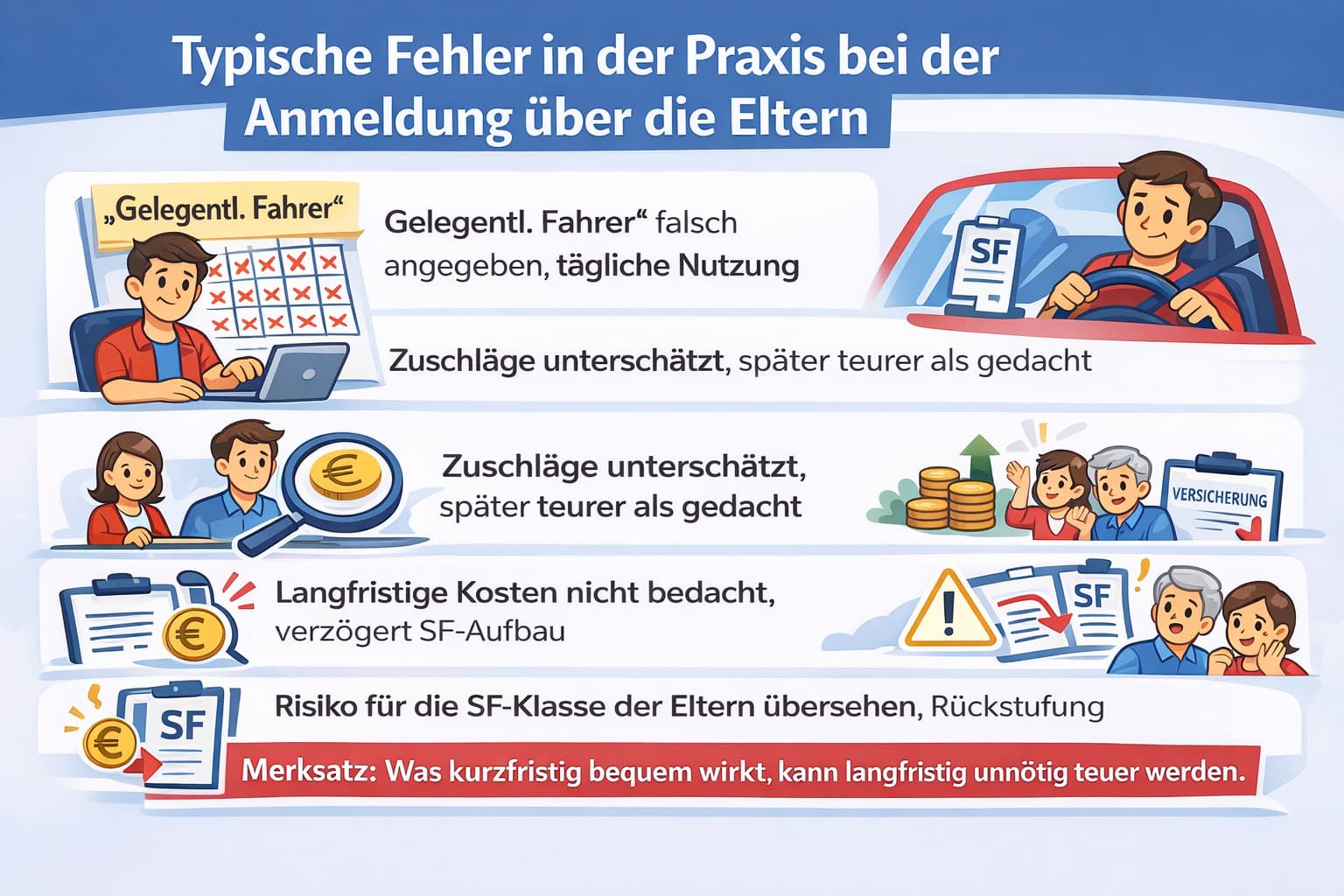 ektorgrafik zeigt typische Fehler bei der Anmeldung eines Autos über die Eltern für Fahranfänger, inklusive falscher Angaben und Risiken für die SF-Klasse.